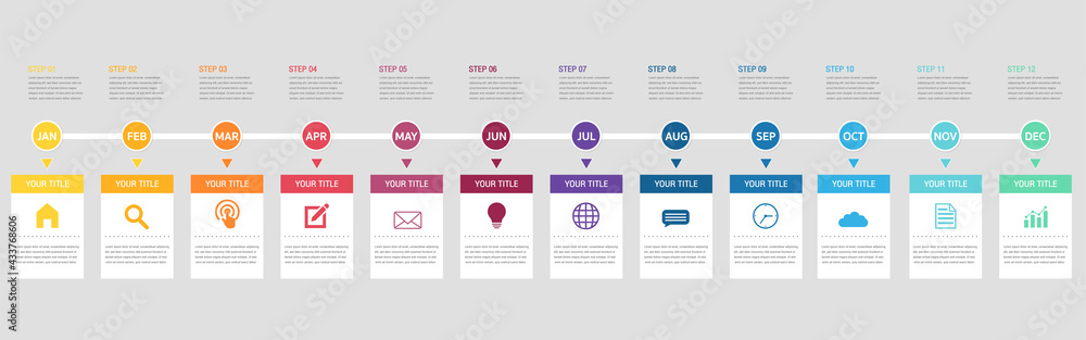 Abstract business infographics template with 12 circles and square on timeline diagrams. Abstract business infographics template with 12 circles and square on timeline diagrams.