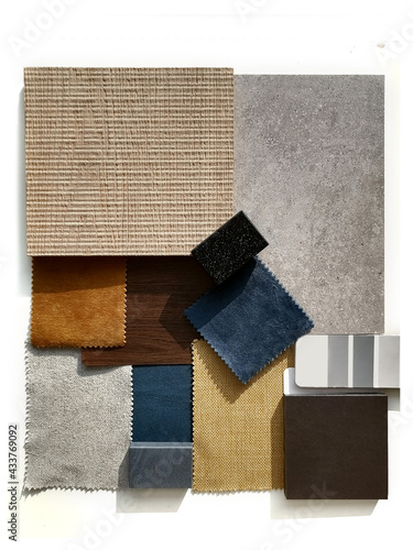 Moodboard. Material samples. Blue, orange, grey, light wood. photo