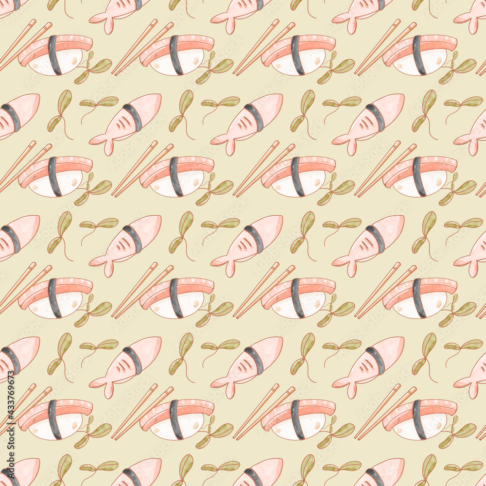 Seamless square sushi pattern asian food isolate on green background. Digital art. Print for cafe, menu, product packaging, brand, restaurant, bar, textiles Seamless square sushi pattern asian food isolate on green background. Digital art. Print for cafe, menu, product packaging, brand, restaurant, bar, textiles