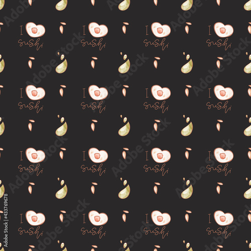 Seamless square sushi pattern asian food isolate on black background. Digital art. Print for cafe, menu, product packaging, brand, restaurant, bar, textiles photo