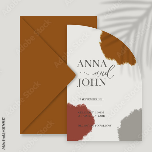 Modern wedding invitation, burnt orange wedding invitation template, arch shape with leaf shadow and handmade calligraphy