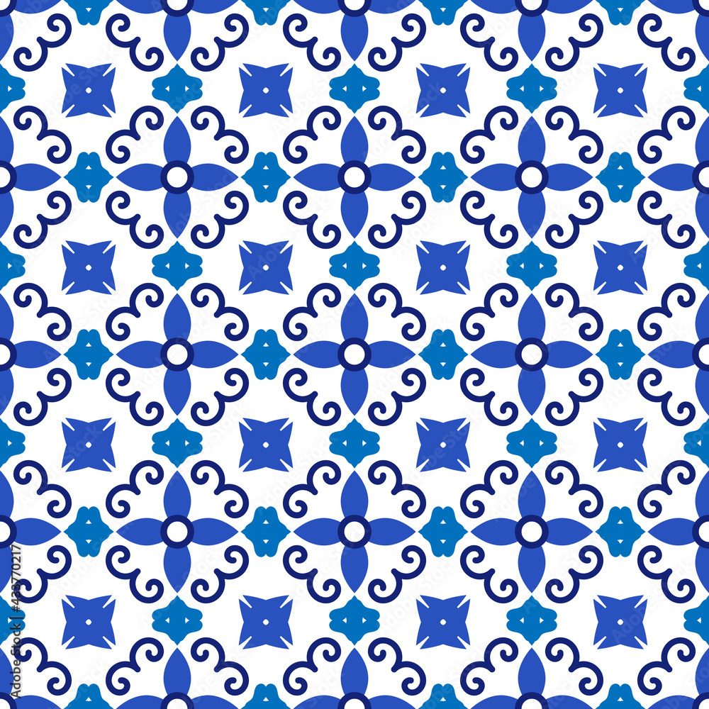 Azulejos portuguese traditional ornamental tile, blue and white seamless pattern