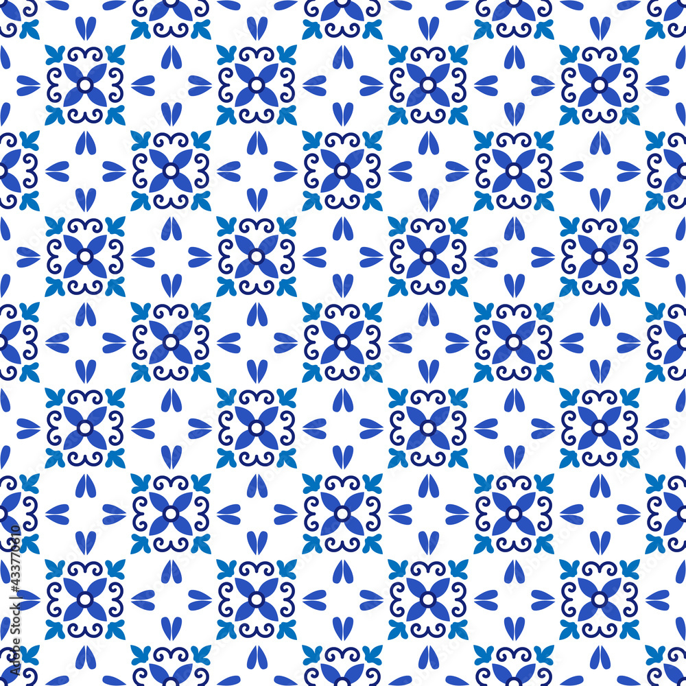 Azulejos portuguese traditional ornamental tile, blue and white seamless pattern Azulejos portuguese traditional ornamental tile, blue and white seamless pattern