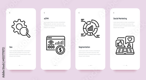 Digital marketing mobile user interface with thin line icon set. SEO, eCRM, segmentation, social marketing. Pixel perfect, editable stroke. Vector illustration