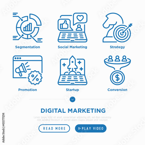 Digital marketing thin line icon set. Social media marketing, segmentation, conversion, start up, promotion, strategy. Pixel perfect, editable stroke. Vector illustration
