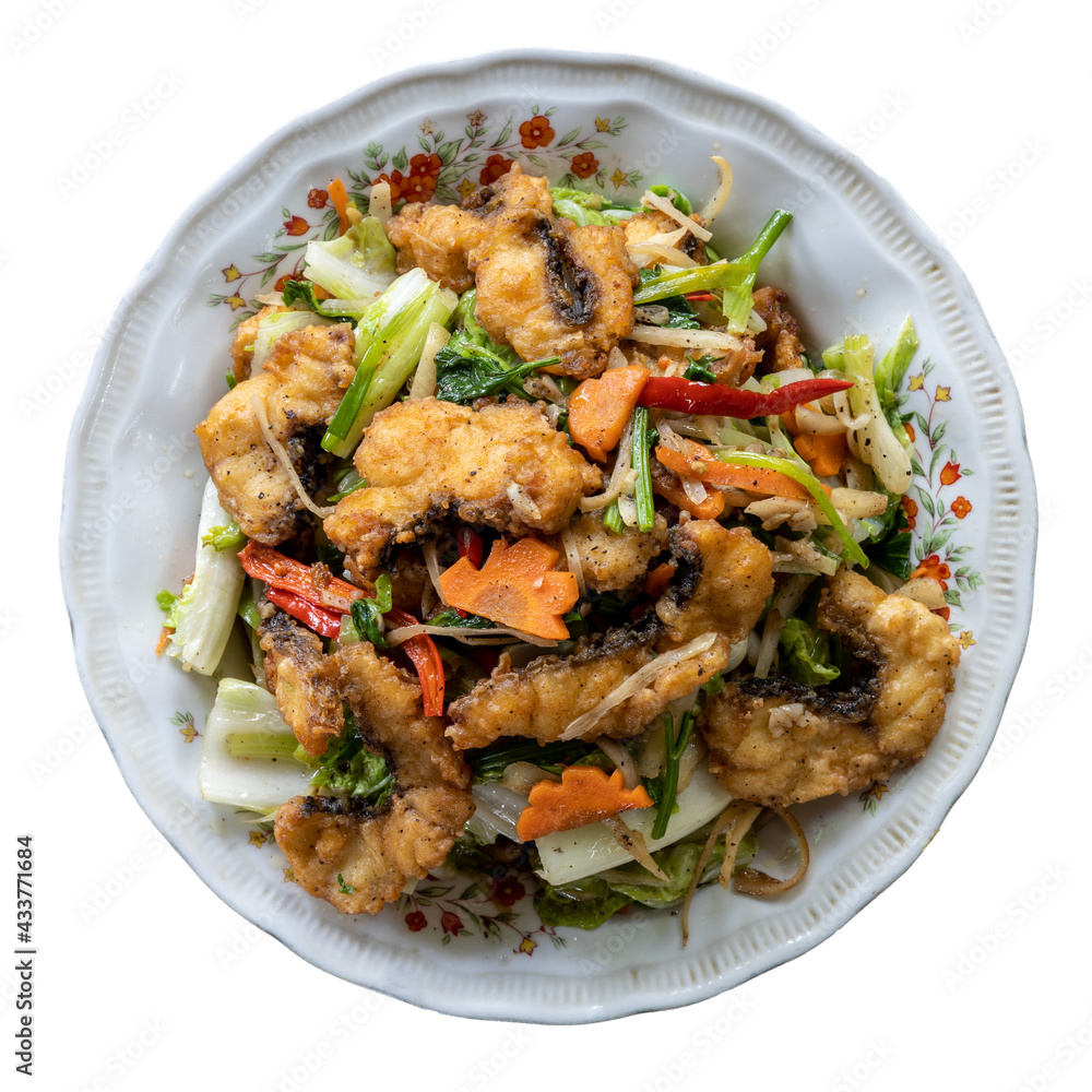 Isolates stir-fried with fish and vegetables in a delicious dish. Isolates stir-fried with fish and vegetables in a delicious dish.