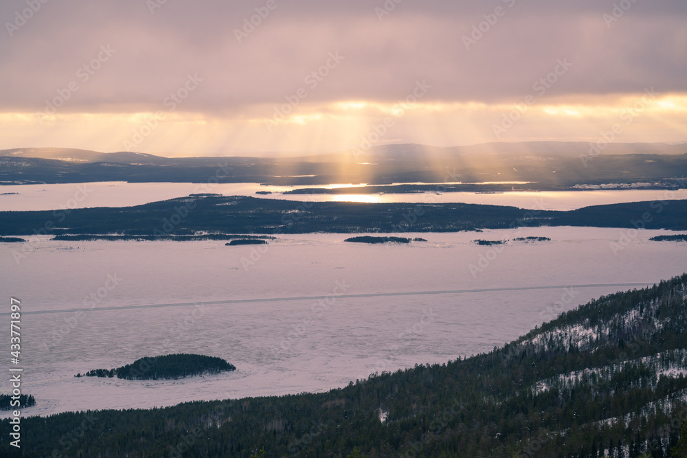 Cold winter background image, amazing sun rays.