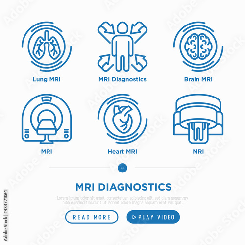 MRI diagnostics thin line icons set. Medical equipment for oncology detection. Pixel perfect, editable stroke. Vector illustration.
