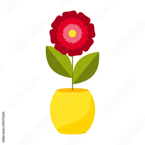 Indoor flowering plant. Red flower in a yellow pot. Vector flat illustration, gardening concept
