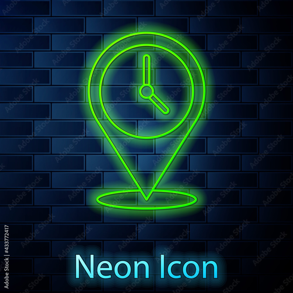 Glowing neon line Location with clock icon isolated on brick wall background. Vector Glowing neon line Location with clock icon isolated on brick wall background. Vector