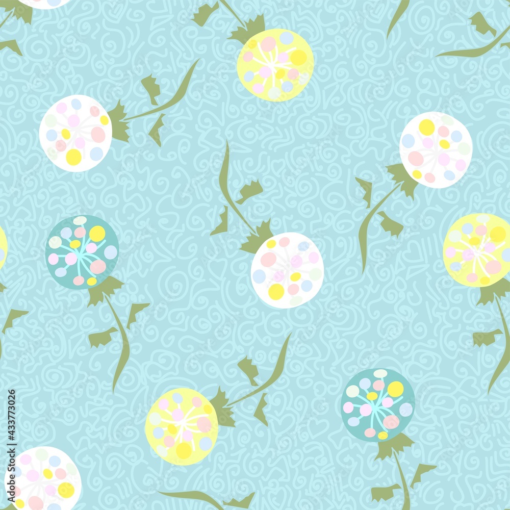 Sweet Dandelion Repeat Pattern With Polka Dots In Blue And White