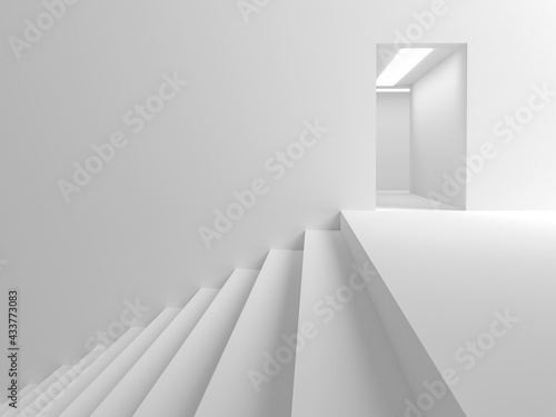 Abstract background All white scenes There are stairs leading up to the entrance to the room. There is a light on the ceiling of the entrance. 3D Scene.