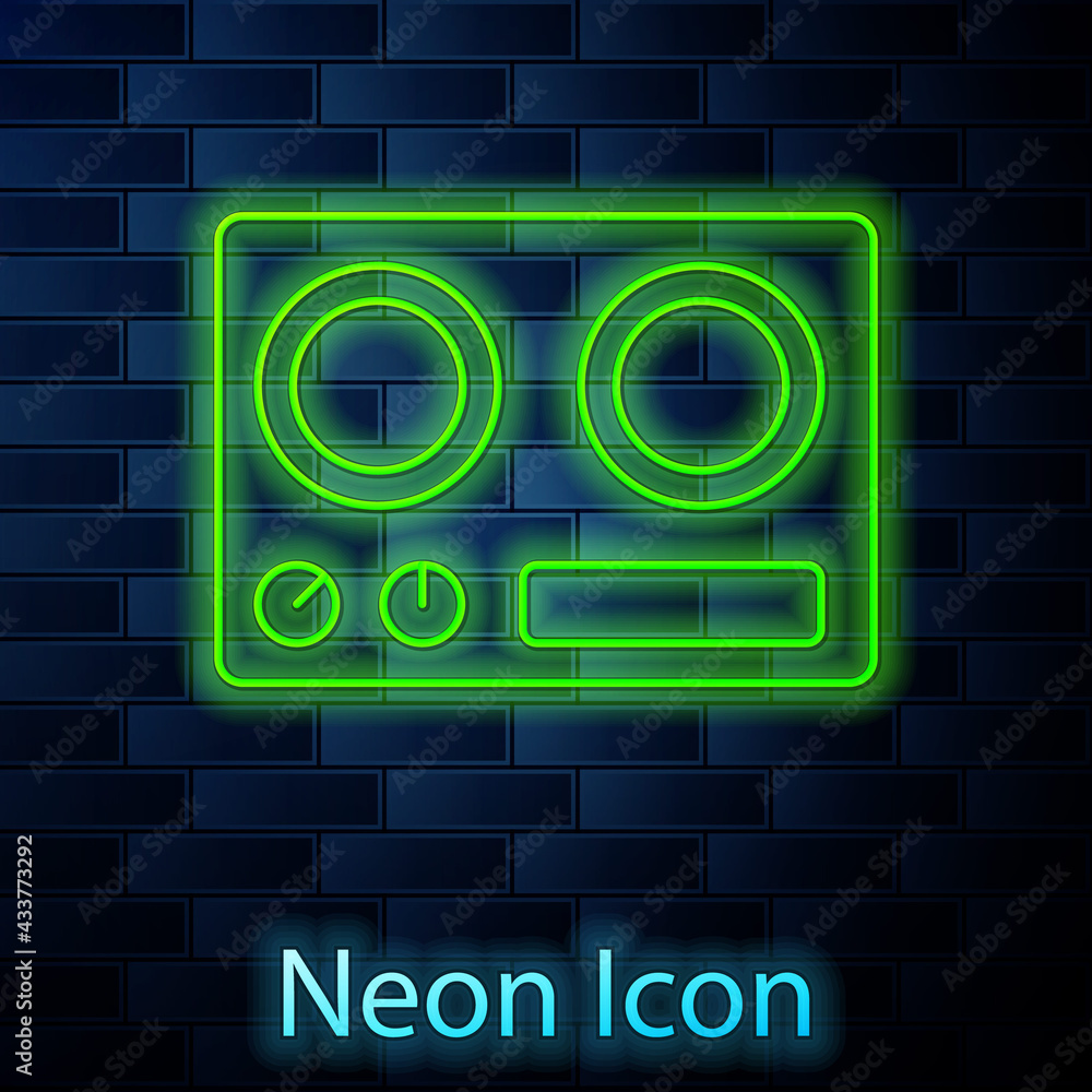 Glowing neon line Gas stove icon isolated on brick wall background. Cooktop sign. Hob with four circle burners. Vector Glowing neon line Gas stove icon isolated on brick wall background. Cooktop sign. Hob with four circle burners. Vector