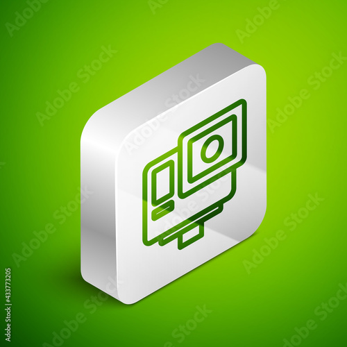 Isometric line Action extreme camera icon isolated on green background. Video camera equipment for filming extreme sports. Silver square button. Vector