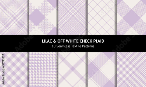 Check plaid pattern set in pastel lilac and off white. Seamless light tartan. Glen, tweed, gingham, vichy, buffalo check, tattersall, windowpane, houndstooth for spring summer fashion fabric design.