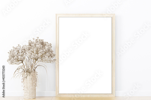 Mockup frame in interior background, room in light pastel colors, Scandi-Boho style, 3d render

