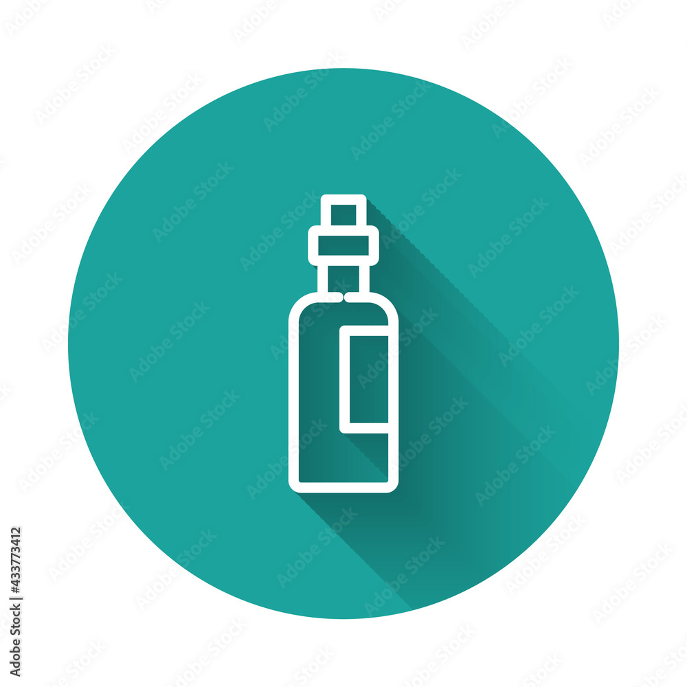 White line Bottle of olive oil icon isolated with long shadow. Jug with olive oil icon. Green circle button. Vector White line Bottle of olive oil icon isolated with long shadow. Jug with olive oil icon. Green circle button. Vector