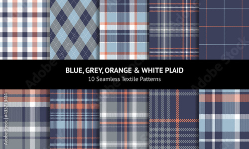 Plaid pattern set in blue, orange, grey, white. Seamless tartan plaid graphics for flannel shirt, scarf, skirt, tablecloth, blanket, duvet cover. Argyle, gingham, vichy, stitched windowpane checks.