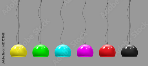 Hanging pendant lamp - vector illustration. Multicolored set. Modern interior light. Chandelier with color glossy metal lampshade
