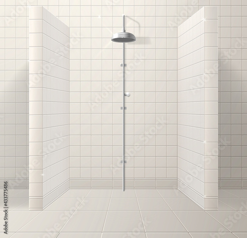 Interior of a realistic shower stall made of ceramic tiles. Vector illustration