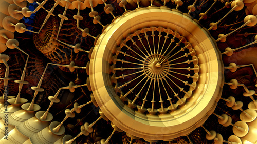Abstract background, 3D metallic gold structures, abstract technology machinery render illustration. 