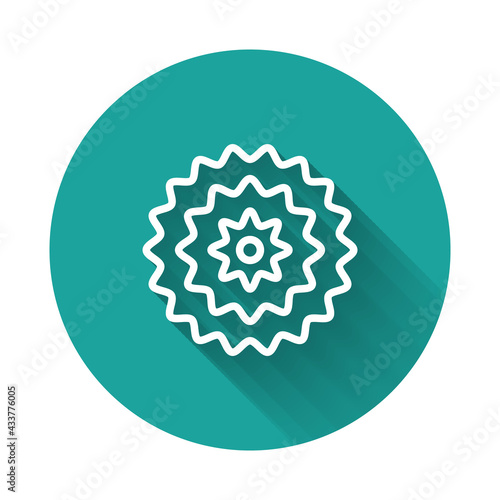 White line Bicycle cassette mountain bike icon isolated with long shadow. Rear Bicycle Sprocket. Chainring crankset with chain. Green circle button. Vector
