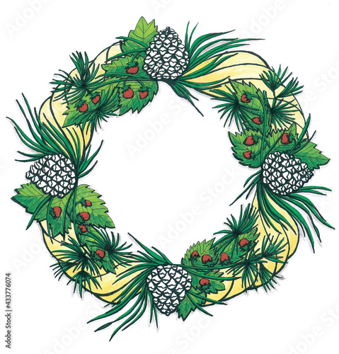 Bright light wreath of forest plants. Delicate frame made of pine branches with long needles and volumetric textured cones. Ripe strawberry bushes give the illustration a fresh, warm summer flavor.