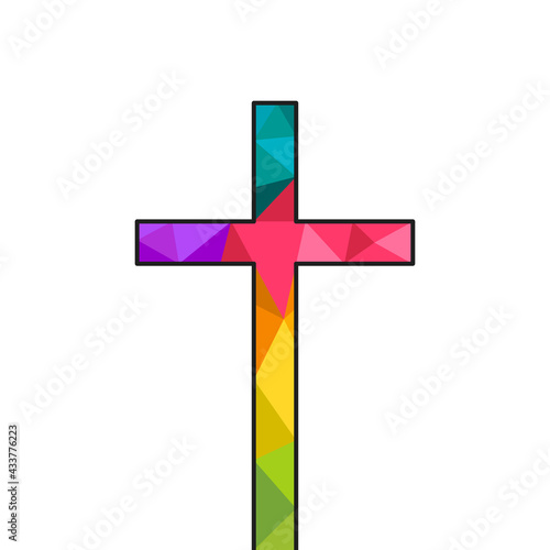 Cross made in colorful low poly design. Abstract crucifix in colors, vector illustration isolated on white background.