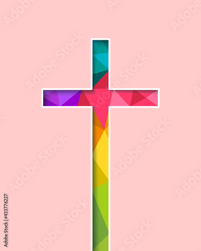 Christian faith, belief, Christianity and related religious  and church concept with colorful cross in papercutting art