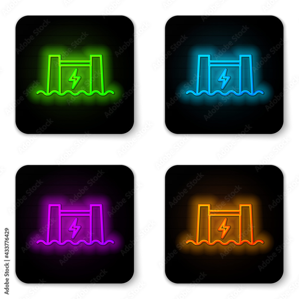 Glowing neon line Hydroelectric dam icon isolated on white background. Water energy plant. Hydropower. Hydroelectricity. Black square button. Vector Glowing neon line Hydroelectric dam icon isolated on white background. Water energy plant. Hydropower. Hydroelectricity. Black square button. Vector