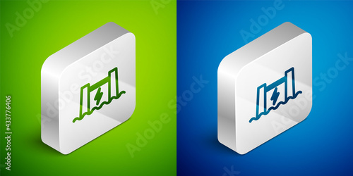 Isometric line Hydroelectric dam icon isolated on green and blue background. Water energy plant. Hydropower. Hydroelectricity. Silver square button. Vector