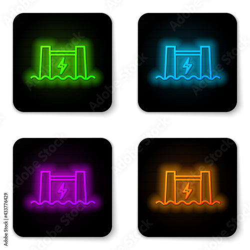 Glowing neon line Hydroelectric dam icon isolated on white background. Water energy plant. Hydropower. Hydroelectricity. Black square button. Vector