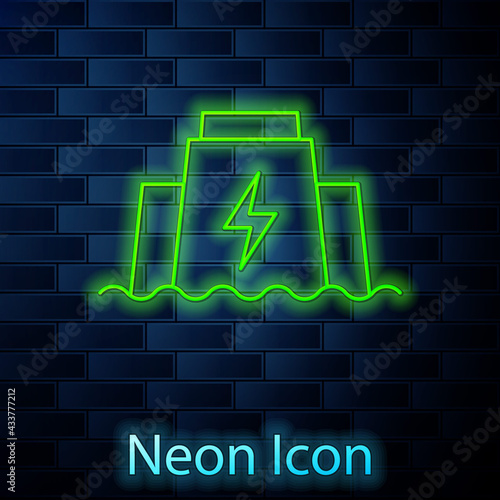 Glowing neon line Hydroelectric dam icon isolated on brick wall background. Water energy plant. Hydropower. Hydroelectricity. Vector