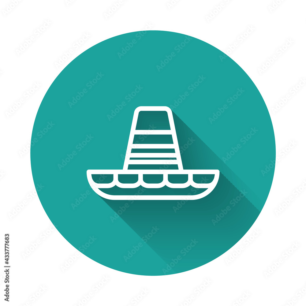 White line Traditional mexican sombrero hat icon isolated with long shadow background. Green circle button. Vector
