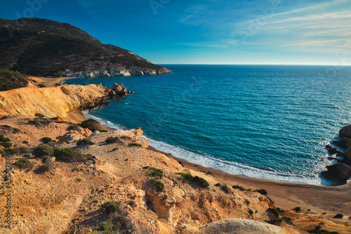 Fototapeta Naklejka Na Ścianę i Meble -  Agios Ioannis beach on sunset. Milos island, Greece