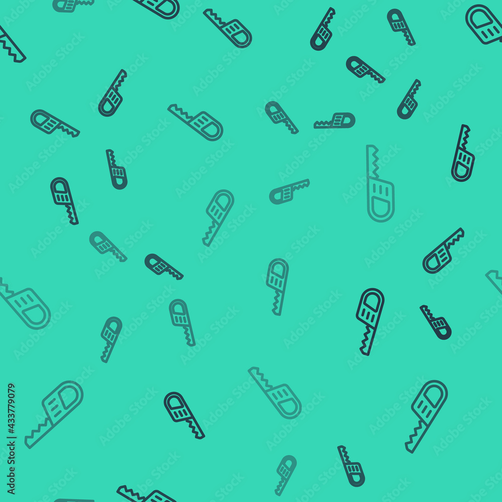Black line Reciprocating saw and saw blade icon isolated seamless pattern on green background. Vector Black line Reciprocating saw and saw blade icon isolated seamless pattern on green background. Vector