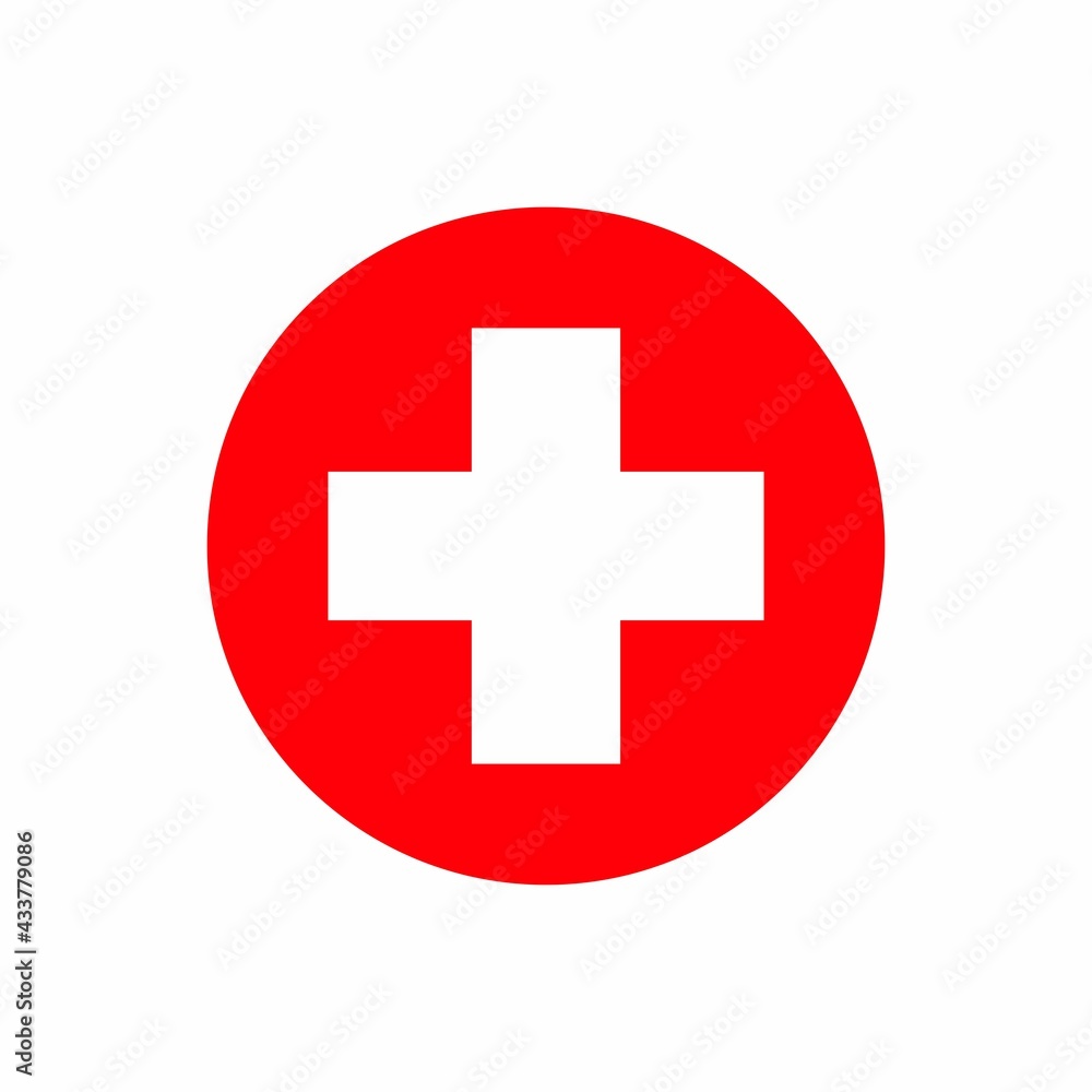 International sign of the red medical cross. Icon in a red circle. Raster symbol on white background. International sign of the red medical cross. Icon in a red circle. Raster symbol on white background.