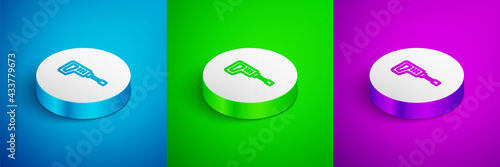 Isometric line Electric rotary hammer drill machine icon isolated on blue, green and purple background. Working tool for construction, finishing, repair work. White circle button. Vector