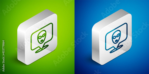 Isometric line Alien icon isolated on green and blue background. Extraterrestrial alien face or head symbol. Silver square button. Vector