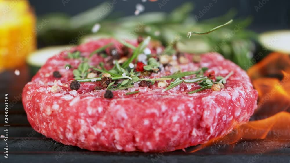 Super Slow Motion Shot of Falling Fresh Beef Hamburger Meat with Herbs on Grill at 1000 fps. Super Slow Motion Shot of Falling Fresh Beef Hamburger Meat with Herbs on Grill at 1000 fps.