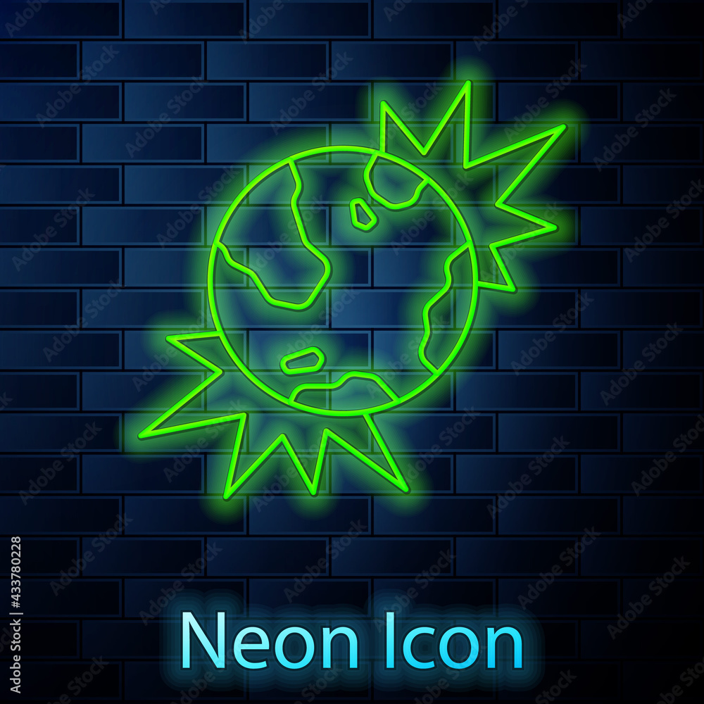 Glowing neon line Bomb explosive planet earth war danger icon isolated on brick wall background. Vector Glowing neon line Bomb explosive planet earth war danger icon isolated on brick wall background. Vector
