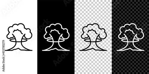 Set line Nuclear explosion icon isolated on black and white, transparent background. Atomic bomb. Symbol of nuclear war, end of world. Vector