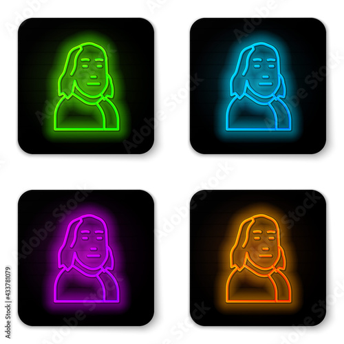 Glowing neon line Benjamin Franklin icon isolated on white background. Black square button. Vector