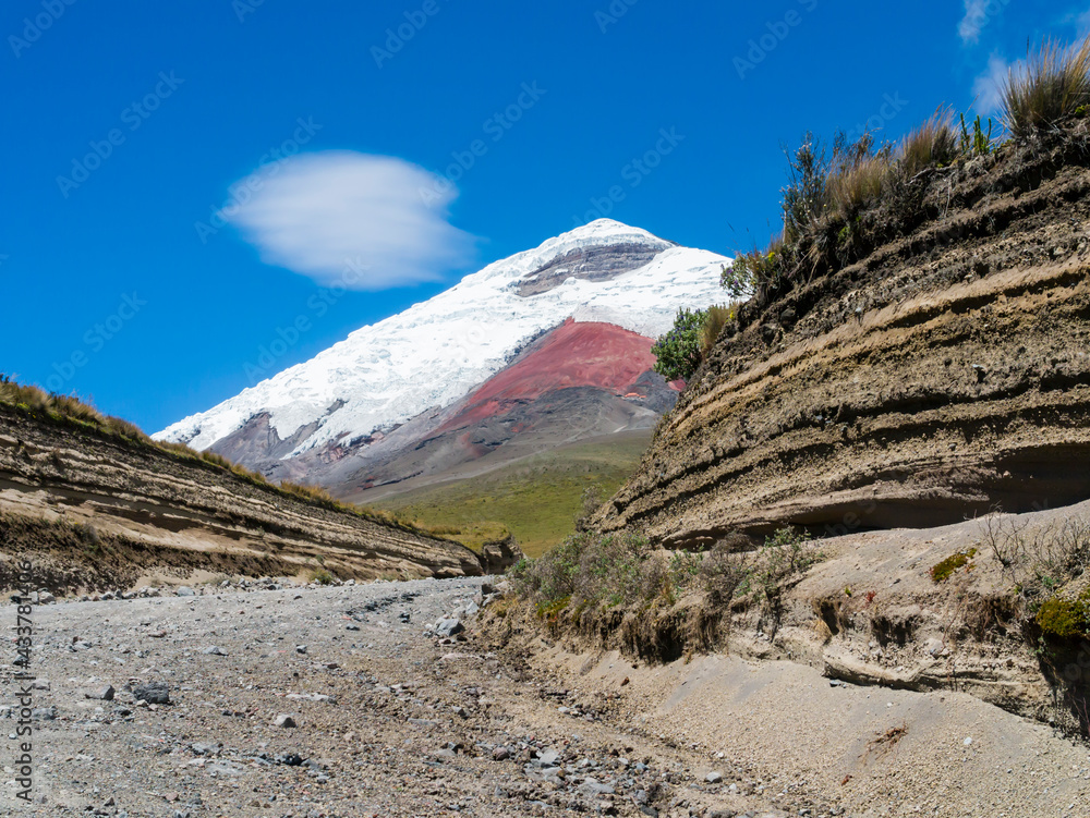 Stunning dirt road leading to snow capped Cotopaxi volcano, Ecuador
