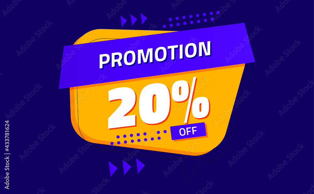 twenty percent discount. purple banner with orange floating balloon for promotions and offers