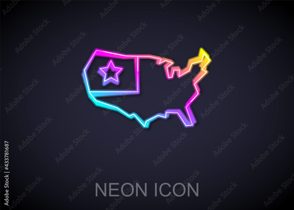 Glowing neon line USA map icon isolated on black background. Map of the United States of America. Vector Glowing neon line USA map icon isolated on black background. Map of the United States of America. Vector