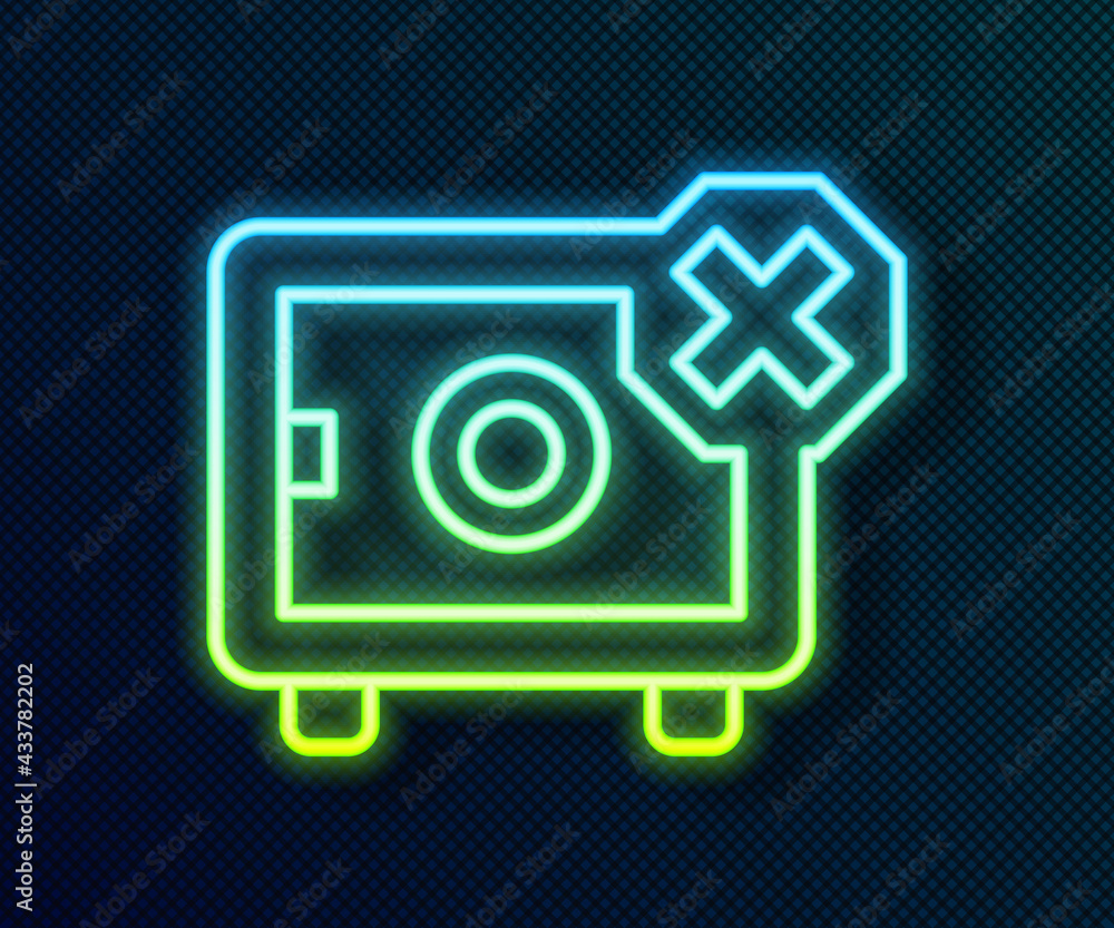 Glowing neon line Safe icon isolated on black background. The door safe a bank vault with a combination lock. Reliable Data Protection. Vector Glowing neon line Safe icon isolated on black background. The door safe a bank vault with a combination lock. Reliable Data Protection. Vector