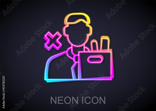Glowing neon line Dismissed sad young man carrying box with his personal belonging leaving his job icon isolated on black background. Employee fired from work. Vector