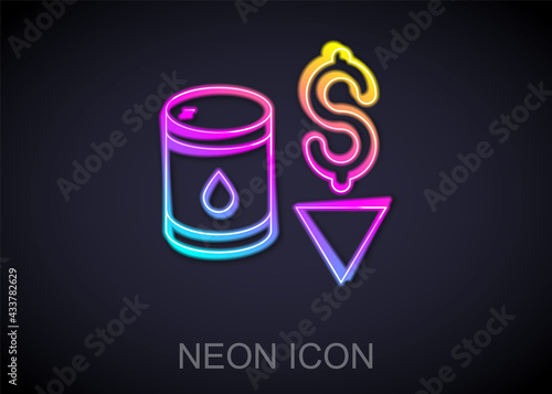 Glowing neon line Drop in crude oil price icon isolated on black background. Oil industry crisis concept. Vector