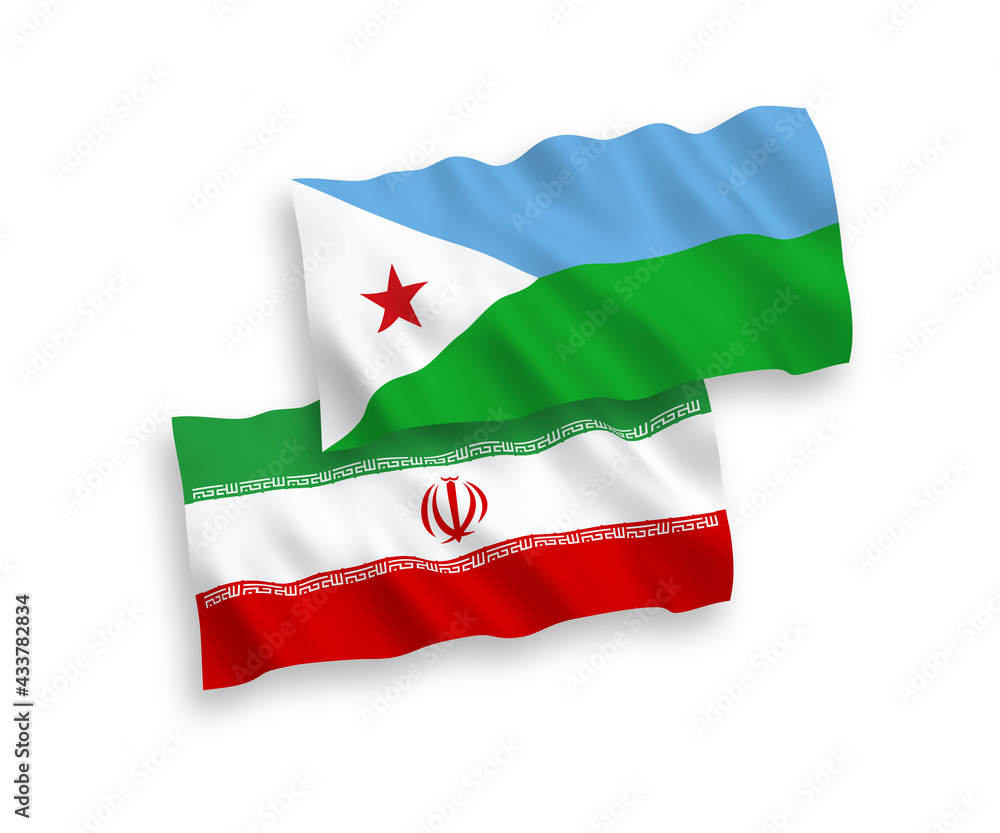 Flags of Republic of Djibouti and Iran on a white background Flags of Republic of Djibouti and Iran on a white background